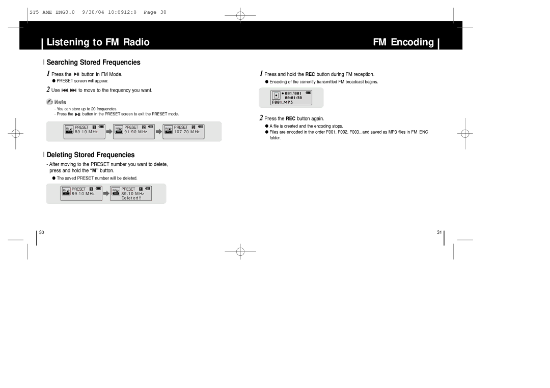 Samsung YP-ST5 manual FM Encoding, Searching Stored Frequencies, Deleting Stored Frequencies 