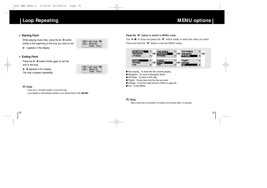 Samsung YP-ST5 manual Loop Repeating, Menu options, Starting Point, Ending Point, ↔ appears in the display 