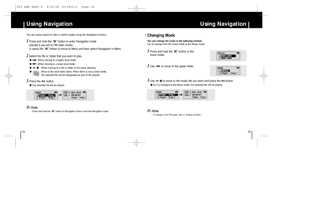 Samsung YP-ST5 manual Using Navigation, Changing Mode 