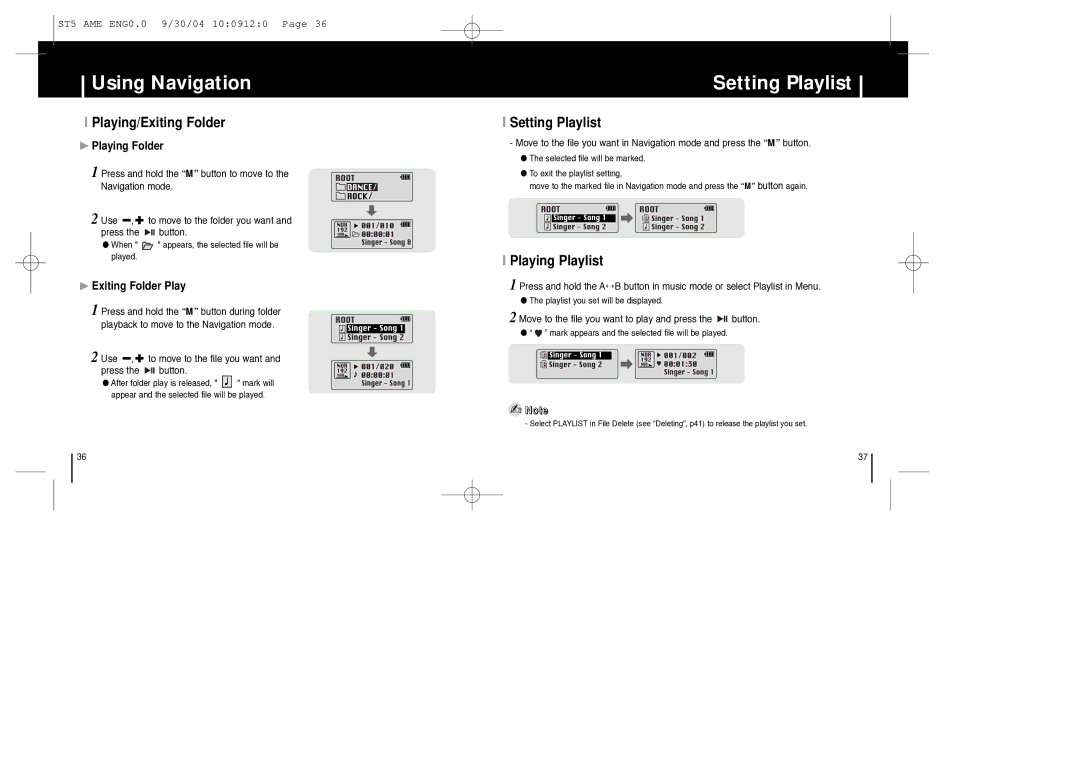 Samsung YP-ST5 manual Setting Playlist, Playing/Exiting Folder, Playing Playlist 