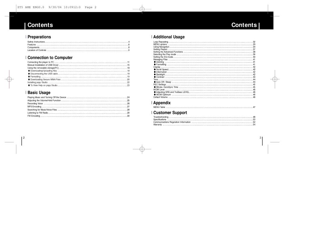 Samsung YP-ST5 manual Contents 