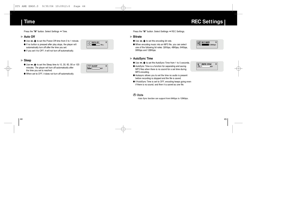 Samsung YP-ST5 manual REC Settings, Auto Off, Sleep, Bitrate, AutoSync Time 