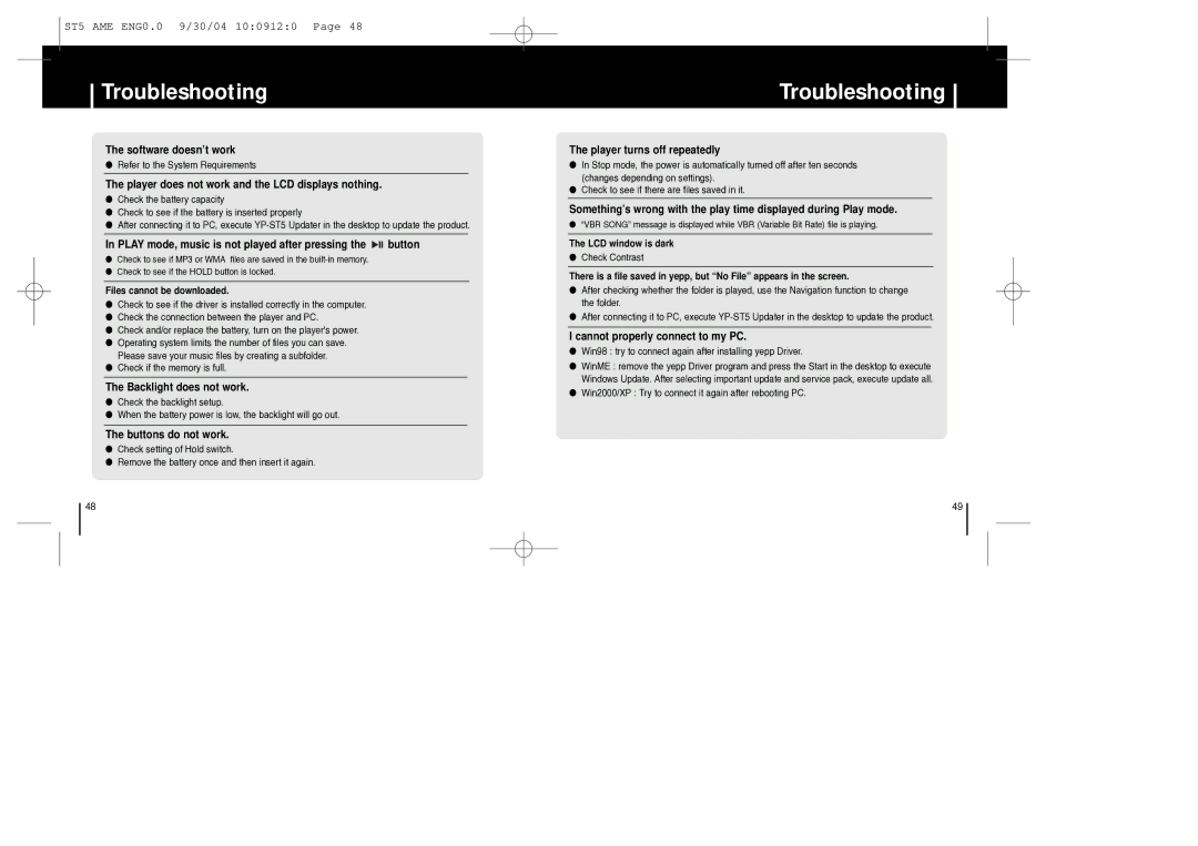 Samsung YP-ST5 manual Troubleshooting, Player does not work and the LCD displays nothing 