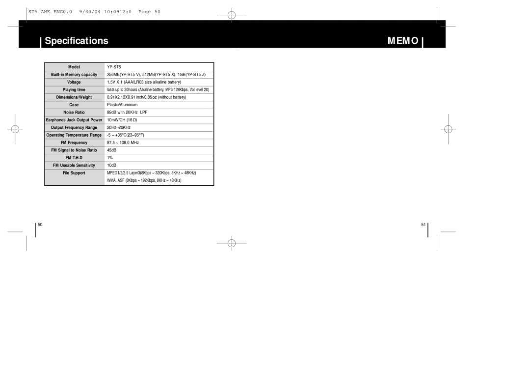 Samsung YP-ST5 manual Specifications, Memo 