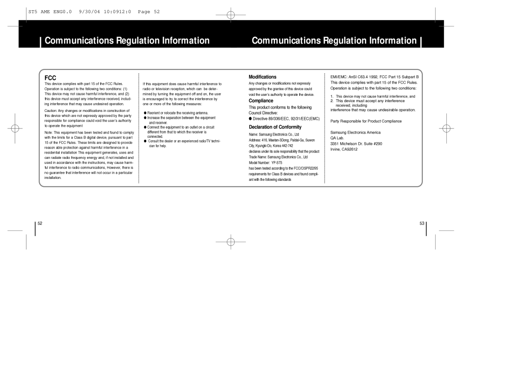 Samsung YP-ST5 manual Communications Regulation Information 