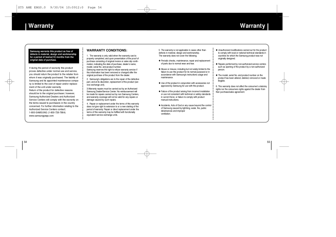 Samsung YP-ST5 manual Warranty 