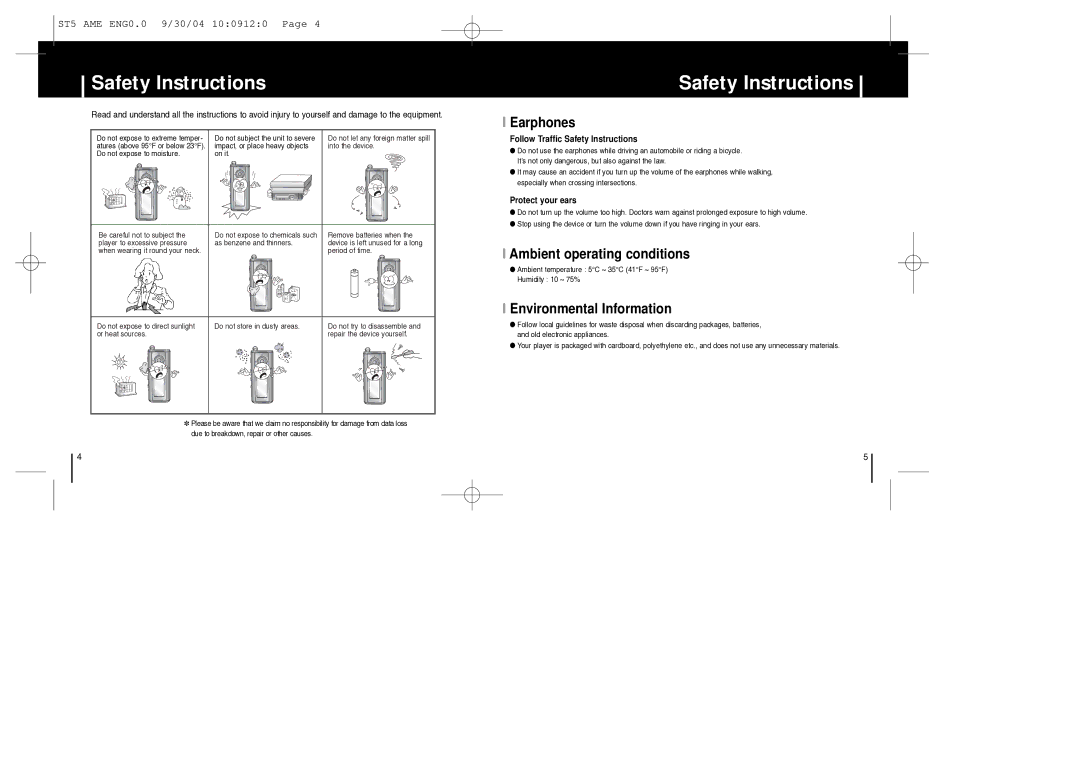 Samsung YP-ST5 manual Safety Instructions, Earphones, Ambient operating conditions, Environmental Information 