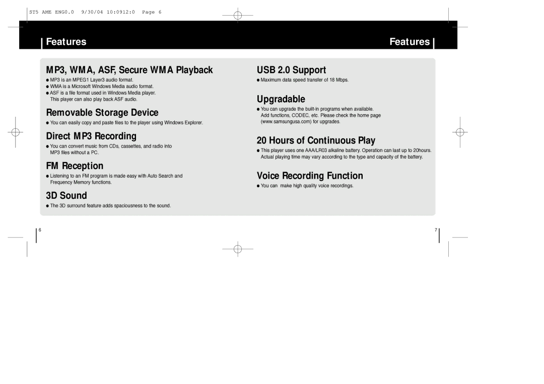 Samsung YP-ST5 manual Features, 3D surround feature adds spaciousness to the sound, Maximum data speed transfer of 18 Mbps 