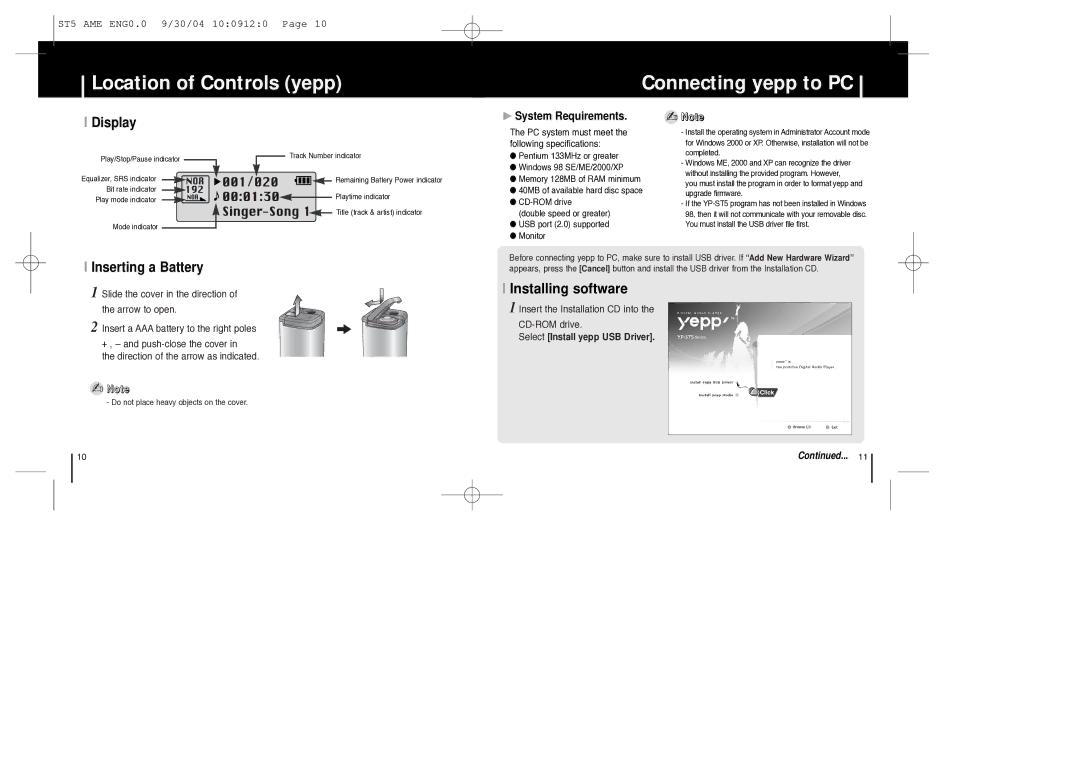 Samsung YP-ST5 manual Location of Controls yepp Connecting yepp to PC, Display, Inserting a Battery, System Requirements 