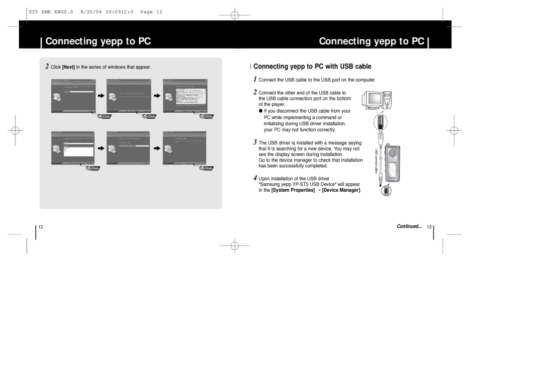 Samsung YP-ST5 manual Connecting yepp to PC with USB cable 