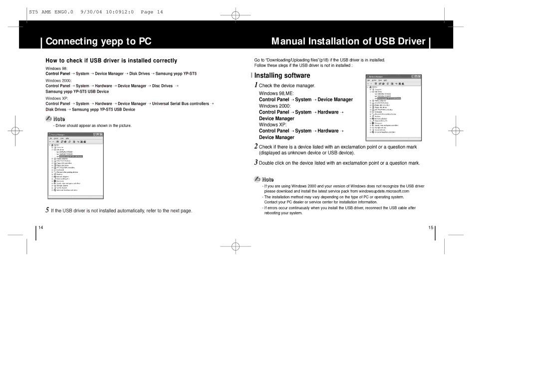 Samsung YP-ST5 Manual Installation of USB Driver, Installing software, How to check if USB driver is installed correctly 