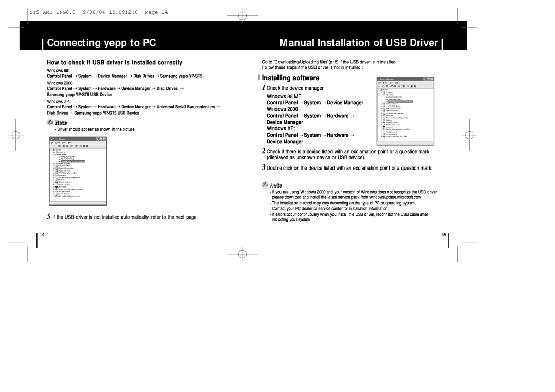 Samsung YP-ST5 manual Manual Installation of USB Driver, I Installing software, Connecting yepp to PC, Windows XP 