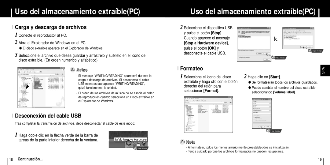 Samsung YP-ST5Z/ELS Uso del almacenamiento extraíblePC, Carga y descarga de archivos, Desconexión del cable USB, Formateo 