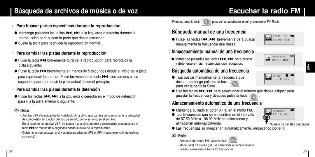 Samsung YP-ST5Z/ELS Búsqueda de archivos de música o de voz, Escuchar la radio FM, Búsqueda manual de una frecuencia 