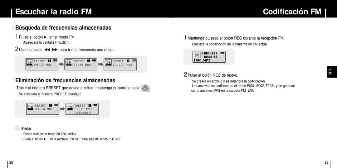 Samsung YP-ST5V/ELS manual Codificación FM, Búsqueda de frecuencias almacenadas, Eliminación de frecuencias almacenadas 