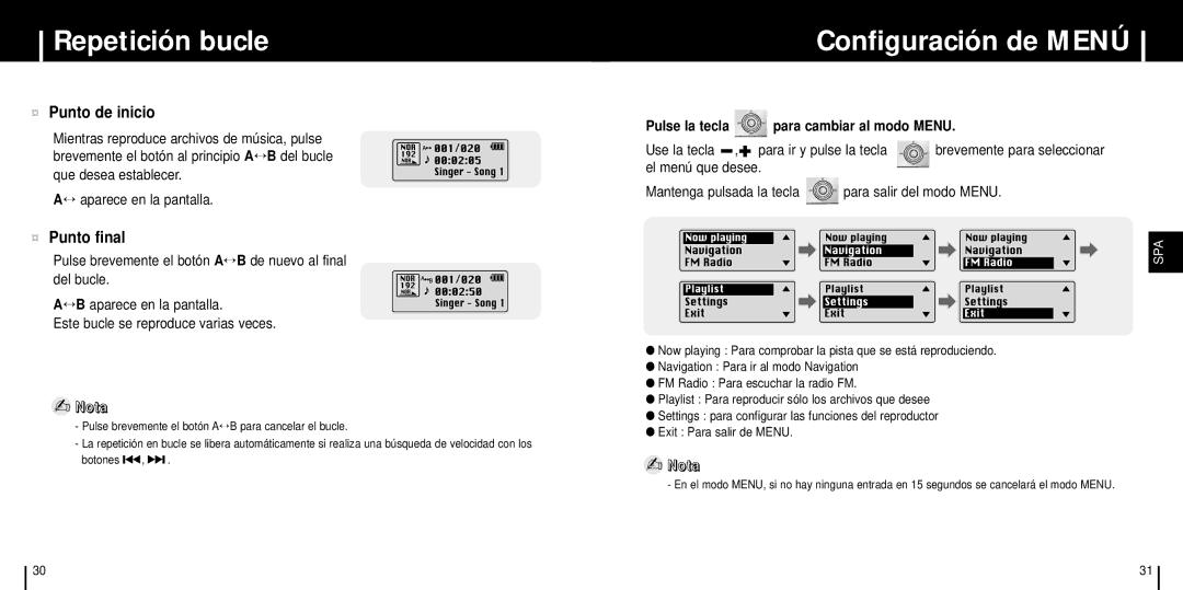 Samsung YP-ST5V/ELS, YP-ST5X/ELS, YP-ST5Z/ELS Repetición bucle, Configuración de Menú, ¤ Punto de inicio, ¤ Punto final 