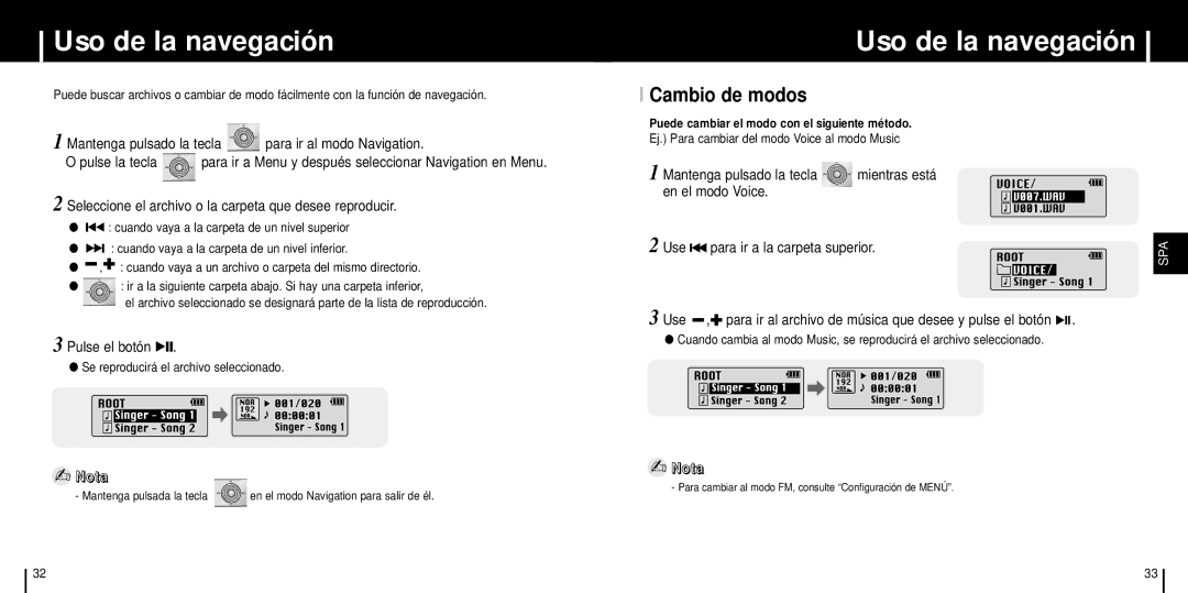 Samsung YP-ST5X/ELS, YP-ST5V/ELS, YP-ST5Z/ELS manual Uso de la navegación, Cambio de modos 