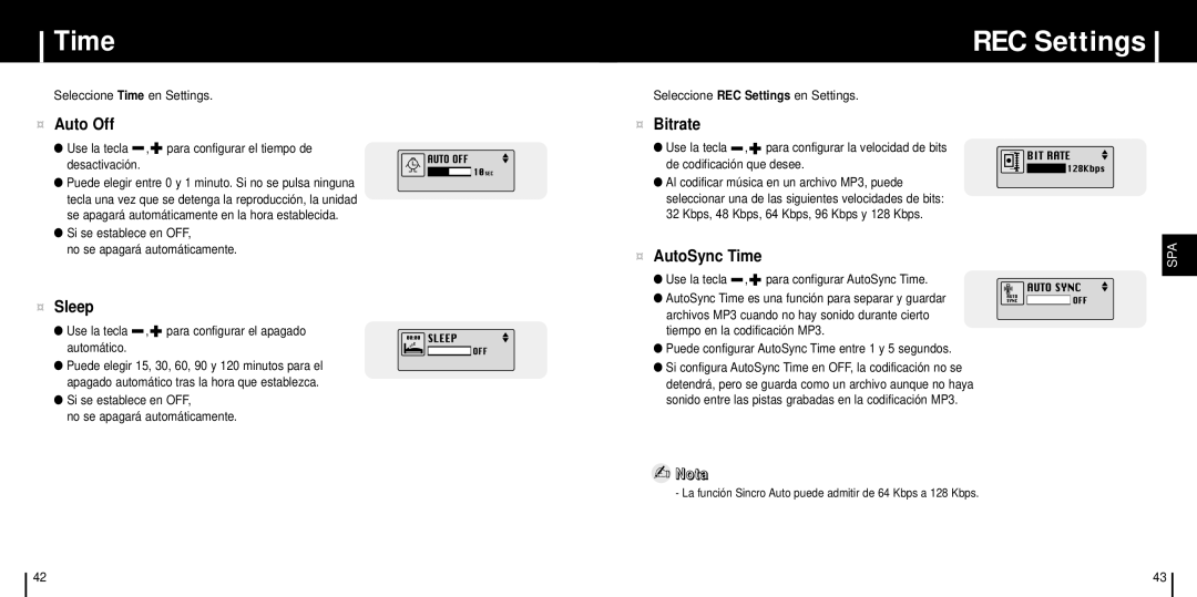 Samsung YP-ST5Z/ELS, YP-ST5V/ELS, YP-ST5X/ELS manual REC Settings, ¤ Auto Off, ¤ Bitrate, ¤ AutoSync Time, ¤ Sleep 