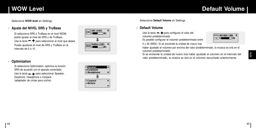 Samsung YP-ST5V/ELS, YP-ST5X/ELS manual WOW Level, ¤ Ajuste del Nivel SRS y TruBass, ¤ Optimization, ¤ Default Volume 