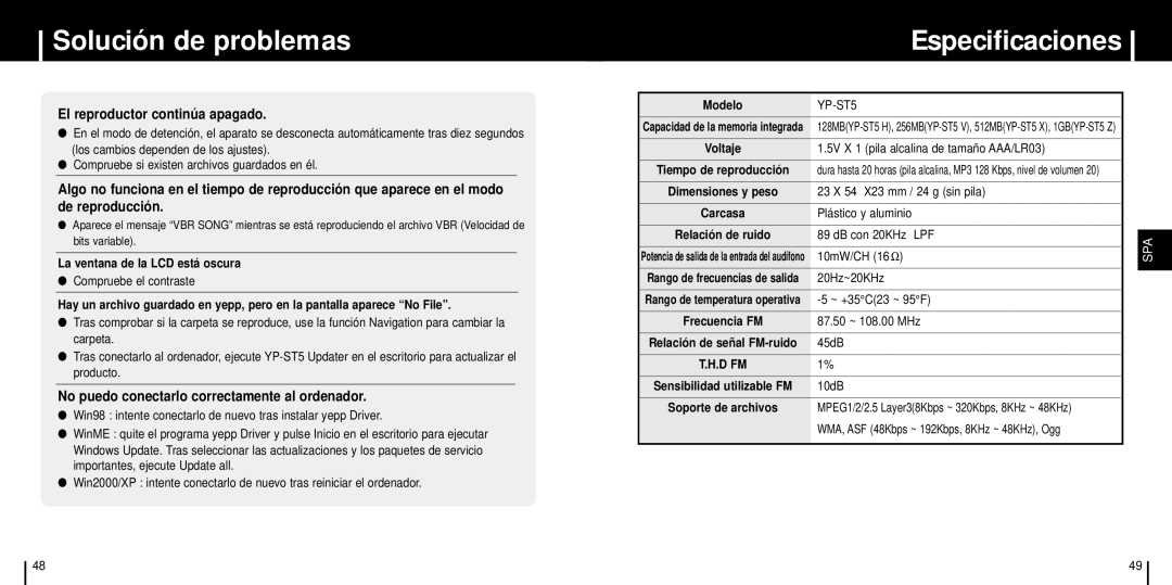 Samsung YP-ST5X/ELS Especificaciones, El reproductor continú a apagado, No puedo conectarlo correctamente al ordenador 