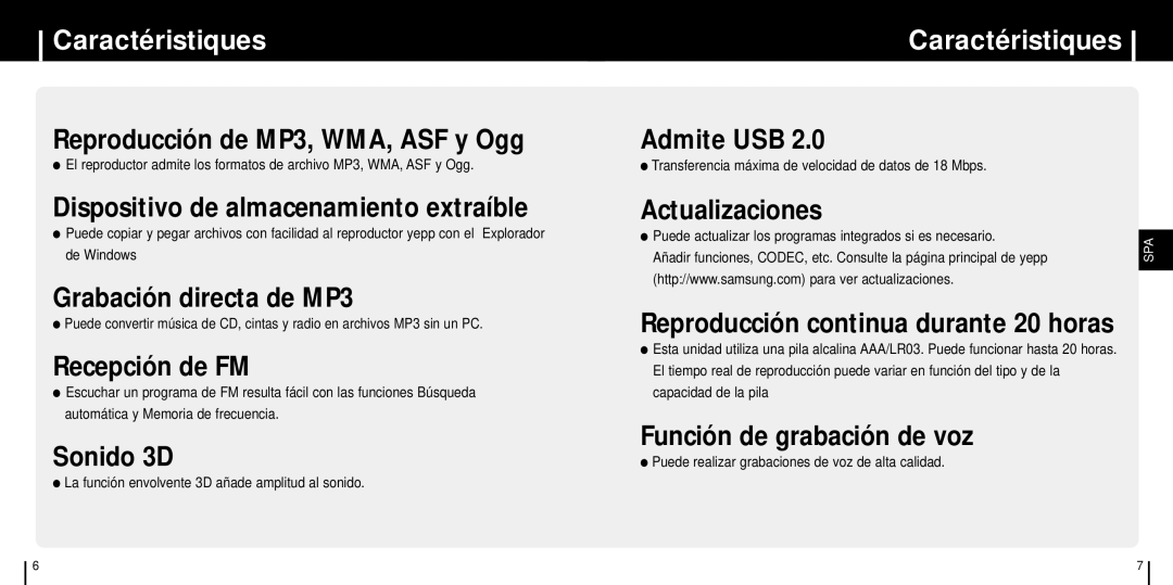 Samsung YP-ST5V/ELS, YP-ST5X/ELS, YP-ST5Z/ELS manual Caractéristiques, La función envolvente 3D añade amplitud al sonido 