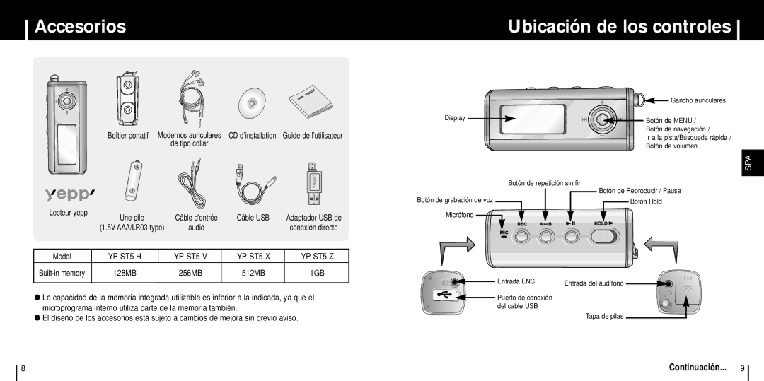 Samsung YP-ST5X/ELS, YP-ST5V/ELS, YP-ST5Z/ELS manual Accesorios, Ubicación de los controles 