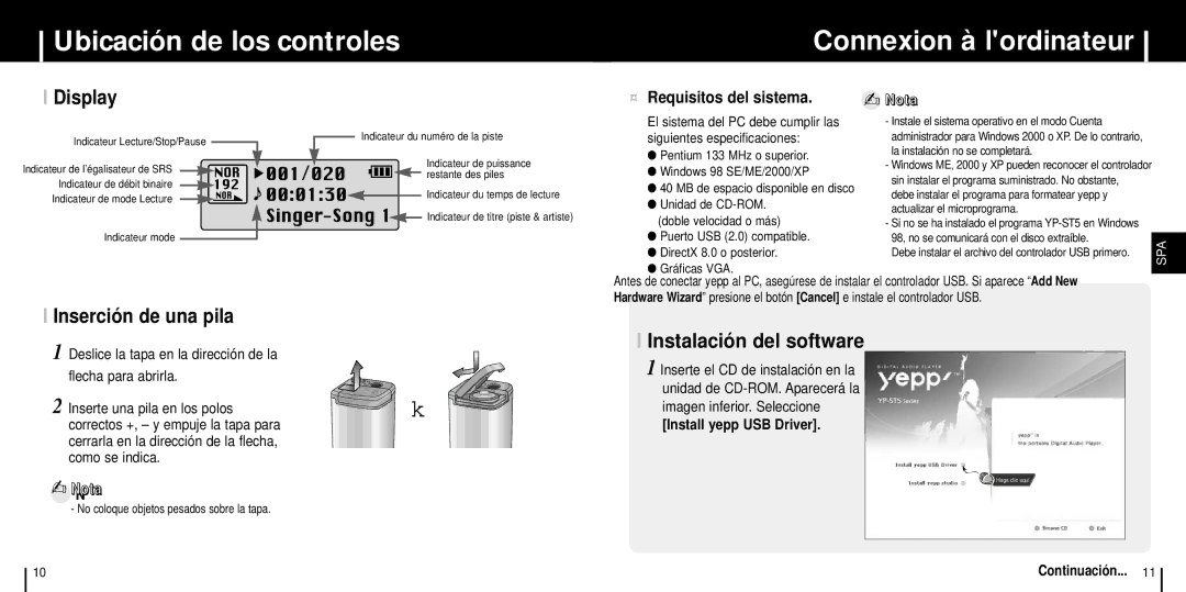 Samsung YP-ST5Z/ELS, YP-ST5V/ELS manual Ubicación de los controles Connexion à lordinateur, Display, Inserción de una pila 