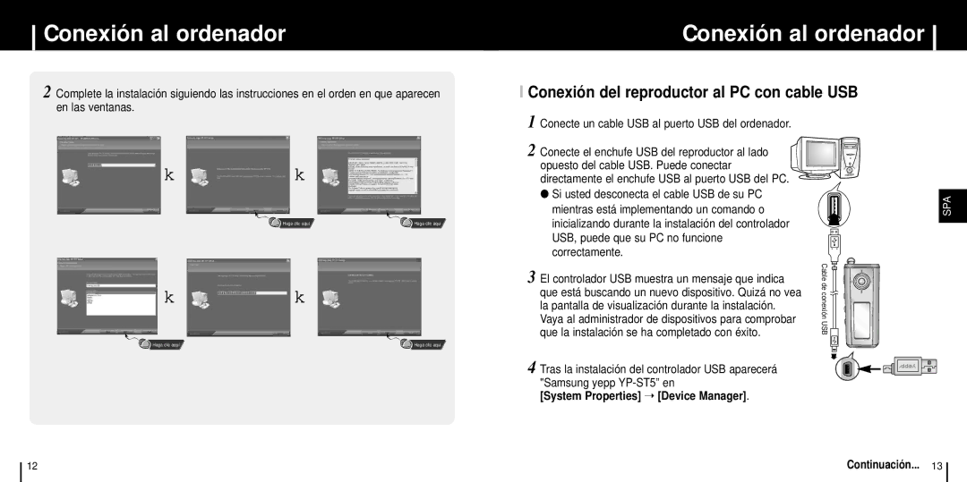 Samsung YP-ST5V Conexión al ordenador, Conexión del reproductor al PC con cable USB, System Properties Device Manager 