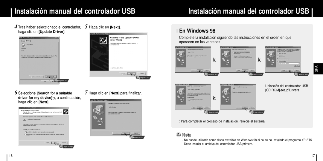 Samsung YP-ST5X/ELS, YP-ST5V/ELS, YP-ST5Z/ELS Instalación manual del controlador USB, En Windows, Haga clic en Next 