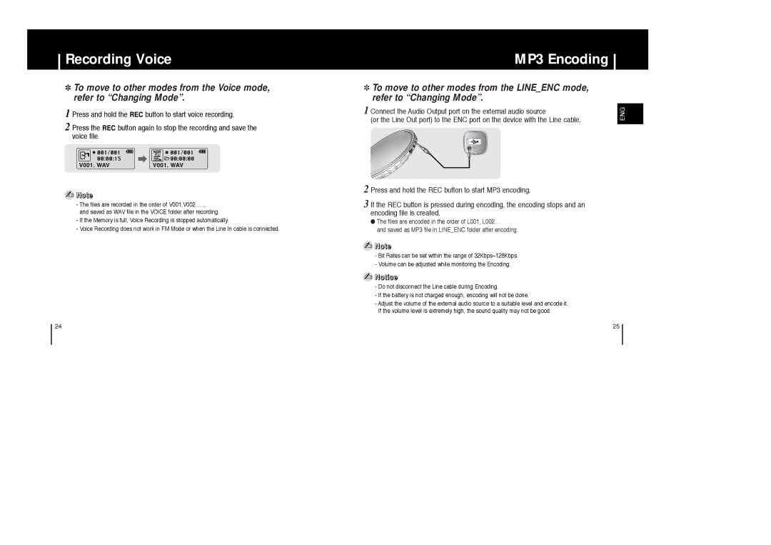 Samsung YP-ST5V/ELS, YP-ST5X/ELS, YP-ST5Z/ELS, YP-ST5X/XSJ, YP-ST5H/ELS, YP-ST5X/XSP manual Recording Voice, MP3 Encoding 