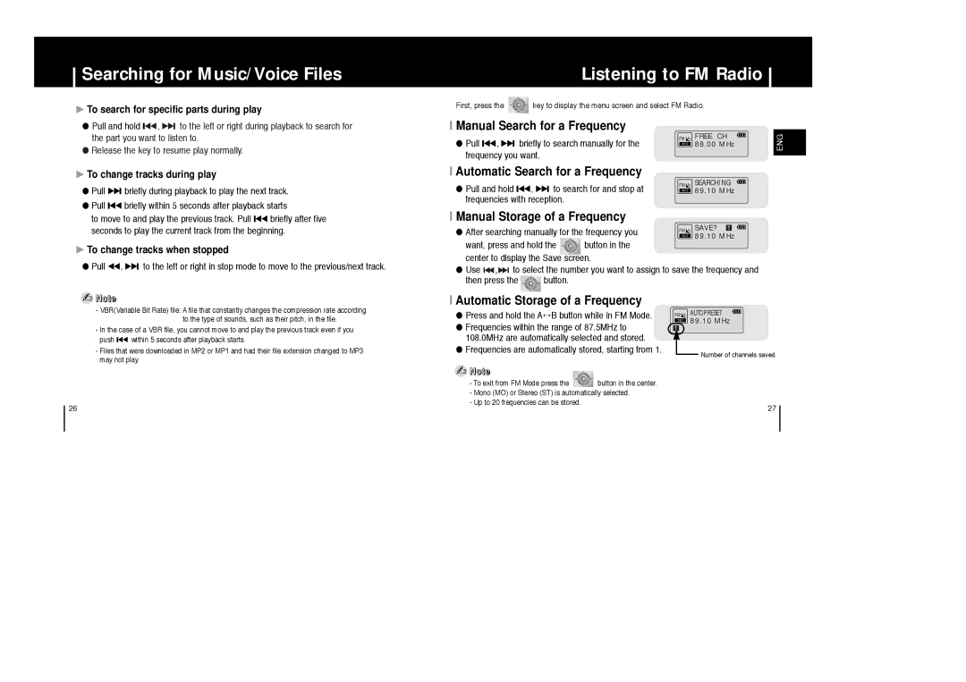 Samsung YP-ST5V/ELS, YP-ST5X/ELS, YP-ST5Z/ELS, YP-ST5X/XSJ manual Searching for Music/Voice Files, Listening to FM Radio 