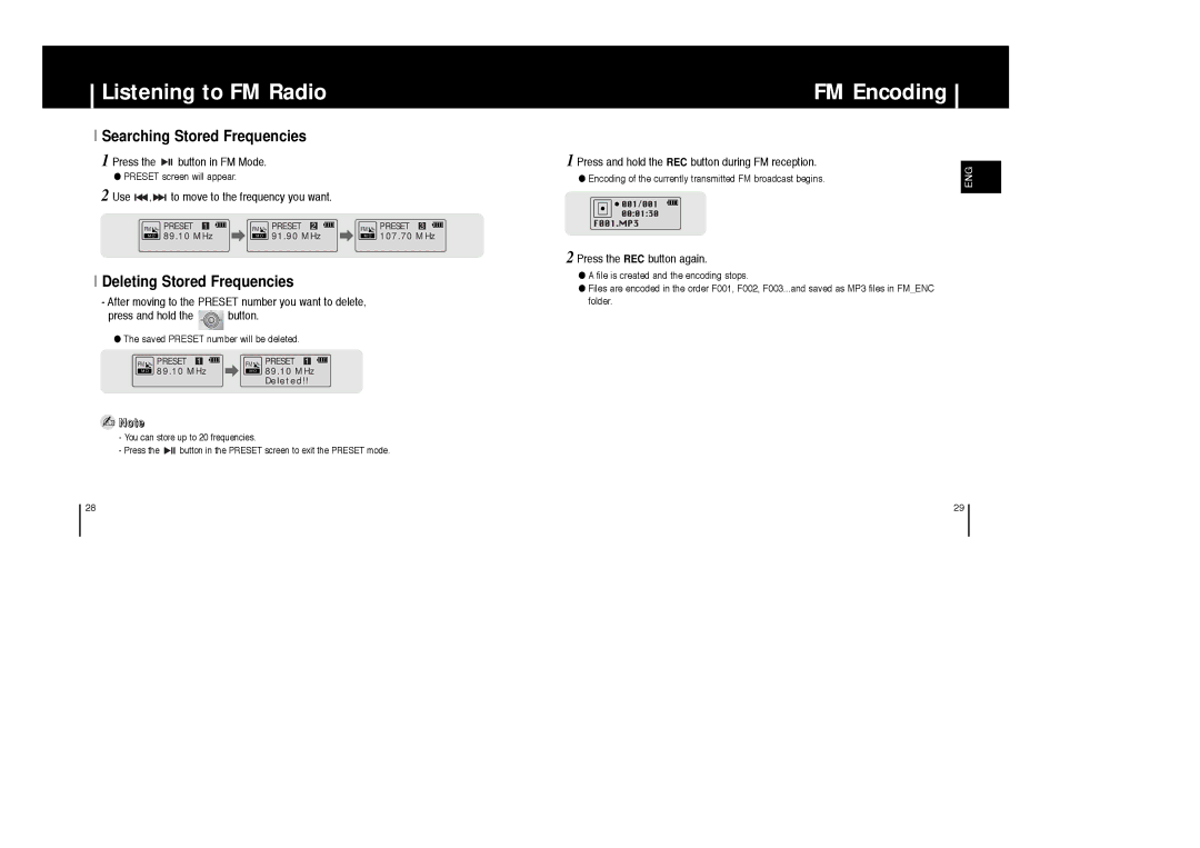 Samsung YP-ST5X/ELS, YP-ST5V/ELS, YP-ST5Z/ELS manual FM Encoding, Searching Stored Frequencies, Deleting Stored Frequencies 