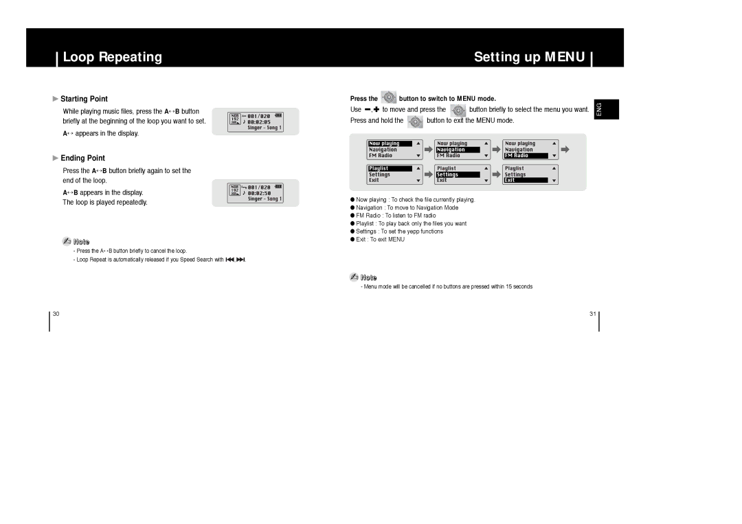 Samsung YP-ST5Z/ELS, YP-ST5V/ELS, YP-ST5X/ELS, YP-ST5X/XSJ Loop Repeating, Setting up Menu, Starting Point, Ending Point 