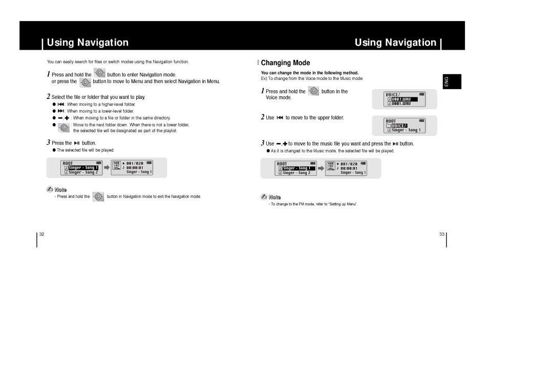 Samsung YP-ST5X/XSJ, YP-ST5V/ELS, YP-ST5X/ELS, YP-ST5Z/ELS, YP-ST5H/ELS, YP-ST5X/XSP manual Using Navigation, Changing Mode 