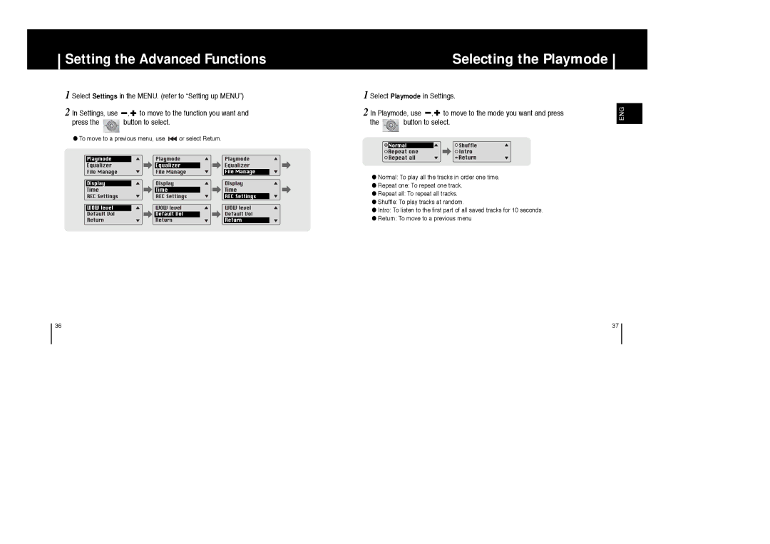 Samsung YP-ST5X/XSP, YP-ST5V Selecting the Playmode, Select Playmode in Settings, To move to the mode you want and press 