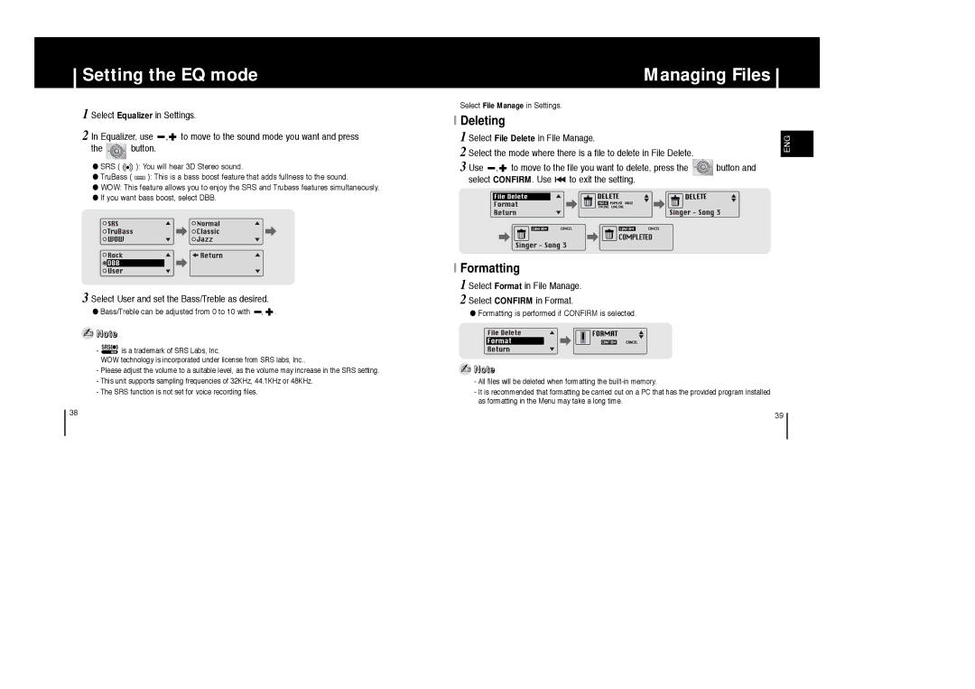 Samsung YP-ST5V/ELS manual Setting the EQ mode, Managing Files, Deleting, Select User and set the Bass/Treble as desired 