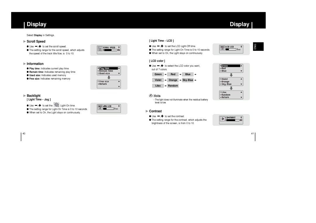 Samsung YP-ST5V/ELS, YP-ST5X/ELS, YP-ST5Z/ELS, YP-ST5X/XSJ manual Display, Scroll Speed, Information, Backlight, Contrast 