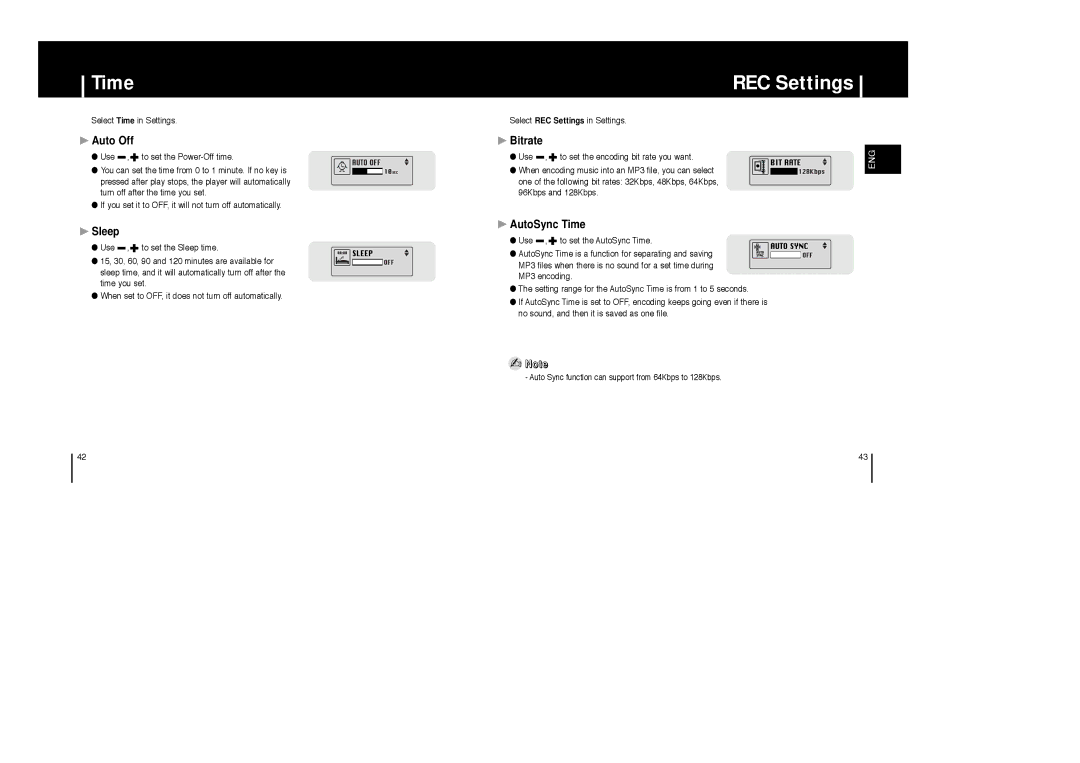 Samsung YP-ST5X/ELS, YP-ST5V/ELS, YP-ST5Z/ELS, YP-ST5X/XSJ manual REC Settings, Auto Off, Bitrate, Sleep, AutoSync Time 