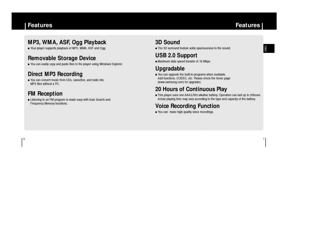 Samsung YP-ST5H/ELS, YP-ST5V/ELS, YP-ST5X/ELS, YP-ST5Z/ELS Features, Your player supports playback of MP3, WMA, ASF and Ogg 