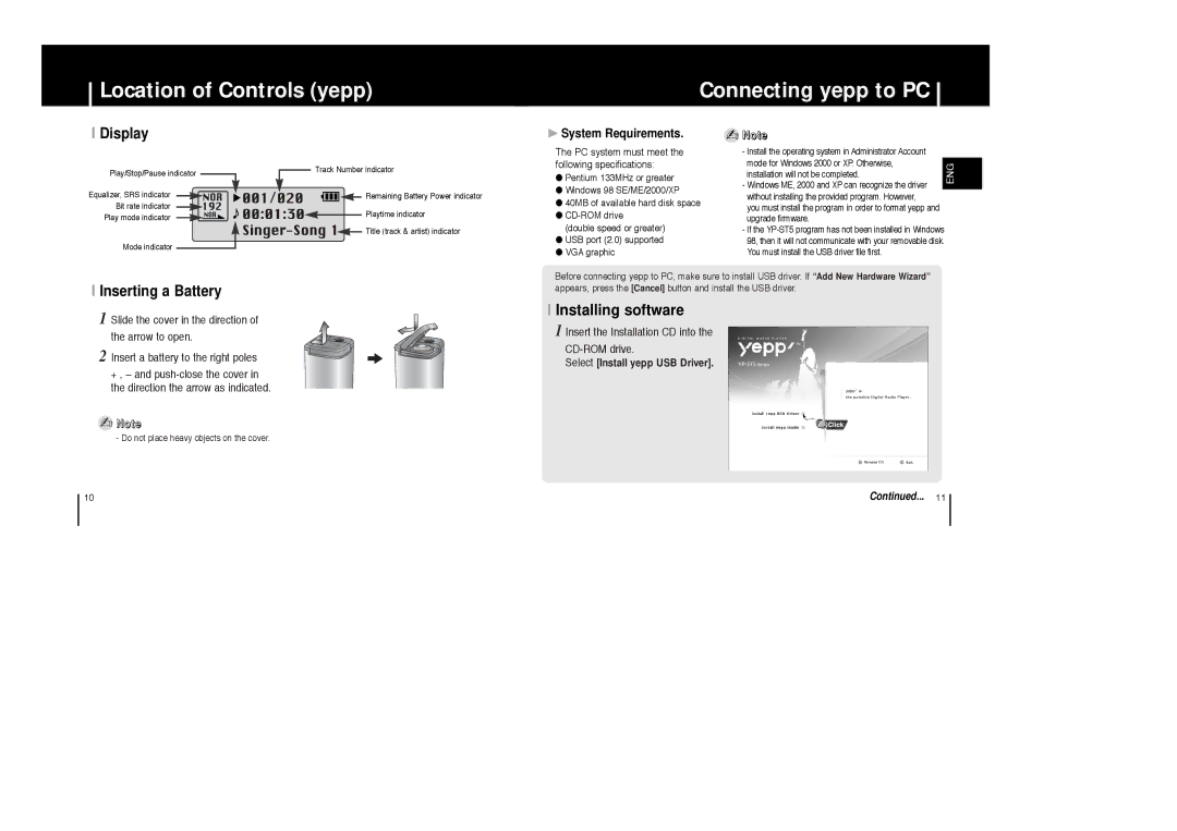 Samsung YP-ST5V manual Location of Controls yepp Connecting yepp to PC, Display, Inserting a Battery, System Requirements 