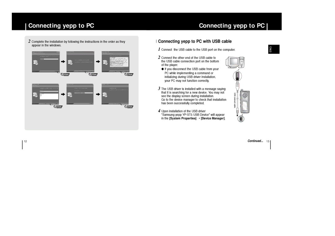 Samsung YP-ST5V/ELS, YP-ST5X/ELS, YP-ST5Z/ELS, YP-ST5X/XSJ, YP-ST5H/ELS, YP-ST5X/XSP manual Connecting yepp to PC with USB cable 