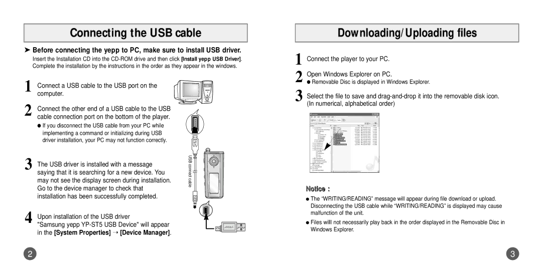 Samsung YP-ST5Z/ELS, YP-ST5V/ELS, YP-ST5X/ELS, YP-ST5X/XSJ, YP-ST5H/ELS, YP-ST5X/XSP manual Downloading/Uploading files 