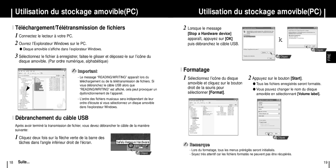 Samsung YP-ST5V/ELS manual Utilisation du stockage amoviblePC, Téléchargement/Télétransmission de fichiers, Formatage 