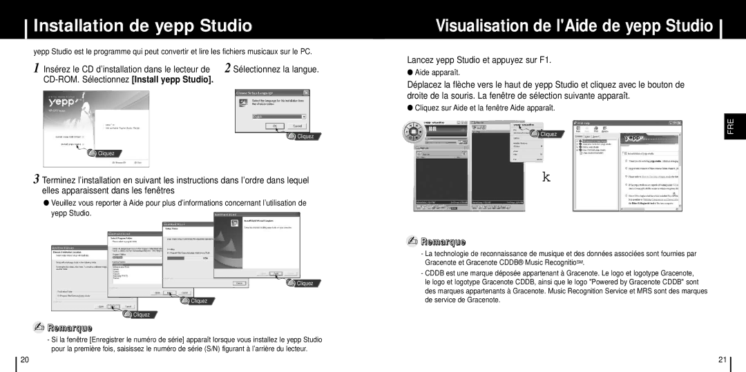 Samsung YP-ST5X/ELS, YP-ST5V/ELS, YP-ST5Z/ELS, YP-ST5X/XSJ Installation de yepp Studio, Lancez yepp Studio et appuyez sur F1 