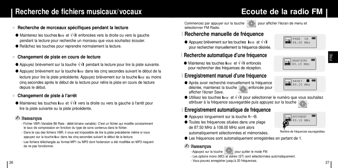 Samsung YP-ST5H/ELS manual Recherche de fichiers musicaux/vocaux, Ecoute de la radio FM, Recherche manuelle de fréquence 