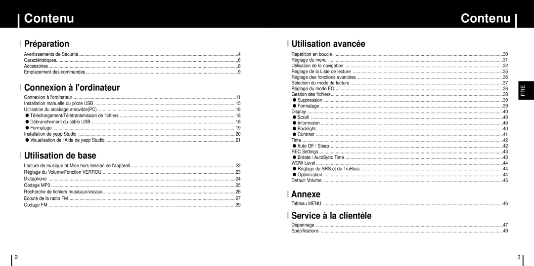 Samsung YP-ST5Z/ELS, YP-ST5V/ELS, YP-ST5X/ELS, YP-ST5X/XSJ, YP-ST5H/ELS manual Contenu 