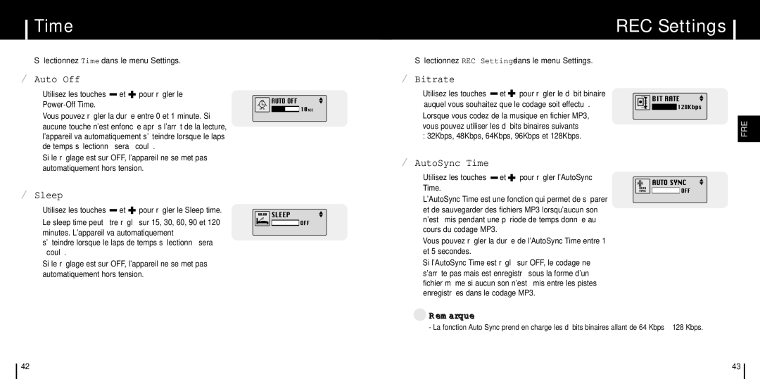 Samsung YP-ST5Z/ELS, YP-ST5V/ELS, YP-ST5X/ELS, YP-ST5X/XSJ REC Settings, ¤ Auto Off, ¤ Sleep, ¤ Bitrate, ¤ AutoSync Time 