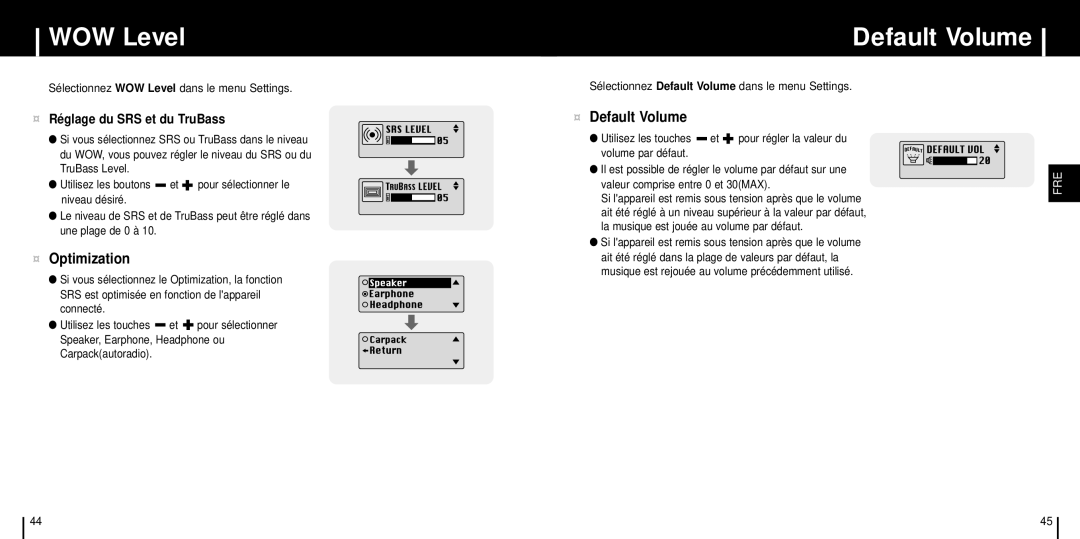 Samsung YP-ST5X/XSJ, YP-ST5V/ELS manual WOW Level, ¤ Optimization, ¤ Default Volume, ¤ Réglage du SRS et du TruBass 