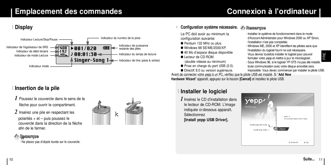 Samsung YP-ST5X/ELS, YP-ST5V/ELS manual Emplacement des commandes Connexion à lordinateur, Display, Insertion de la pile 