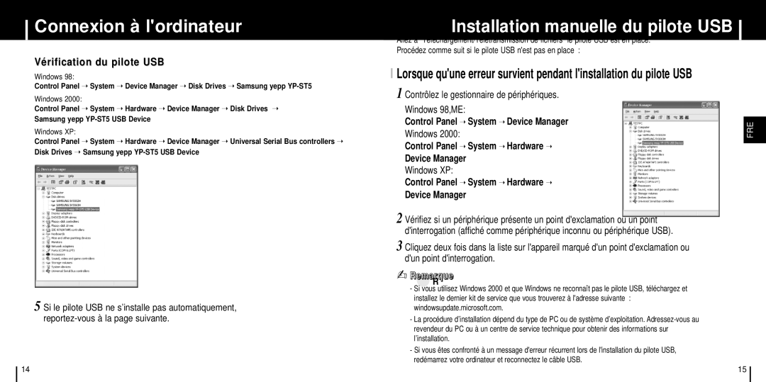 Samsung YP-ST5X/XSJ, YP-ST5V/ELS, YP-ST5X/ELS manual Installation manuelle du pilote USB, Vérification du pilote USB, Windows 